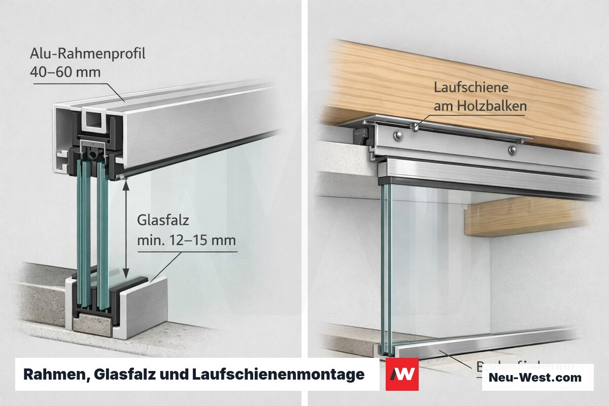 Querschnitt: gerahmtes Glasprofil mit Glasfalztiefe und Schiebetür-Laufschiene verankert am tragenden Holzbalken statt Trockenbaudecke.