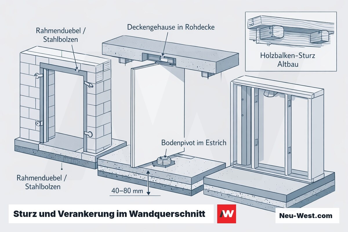 Querschnitt-Illustration: Zargenverankerung in Massivwand, Bodenpivot im Estrich, Deckengehäuse in Rohdecke und Holzbalken-Sturz im Altbau bei einer Pivottür.
