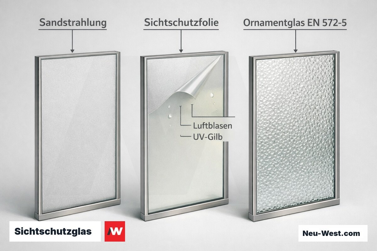 Vergleichsgrafik dreier Sichtschutz-Glasplatten: sandgestrahlt, beklebte Folie mit Luftblasen und gewalztes Ornamentglas nebeneinander.