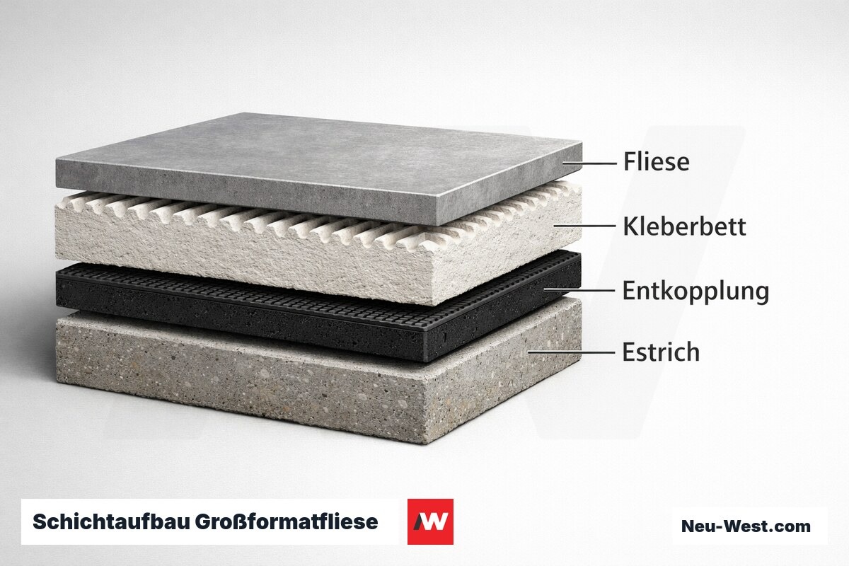 Schichtaufbau Großformatfliese: Systemhöhe und Mindestdicken je Lage – Erklär-Grafik (NEUWEST Berlin)