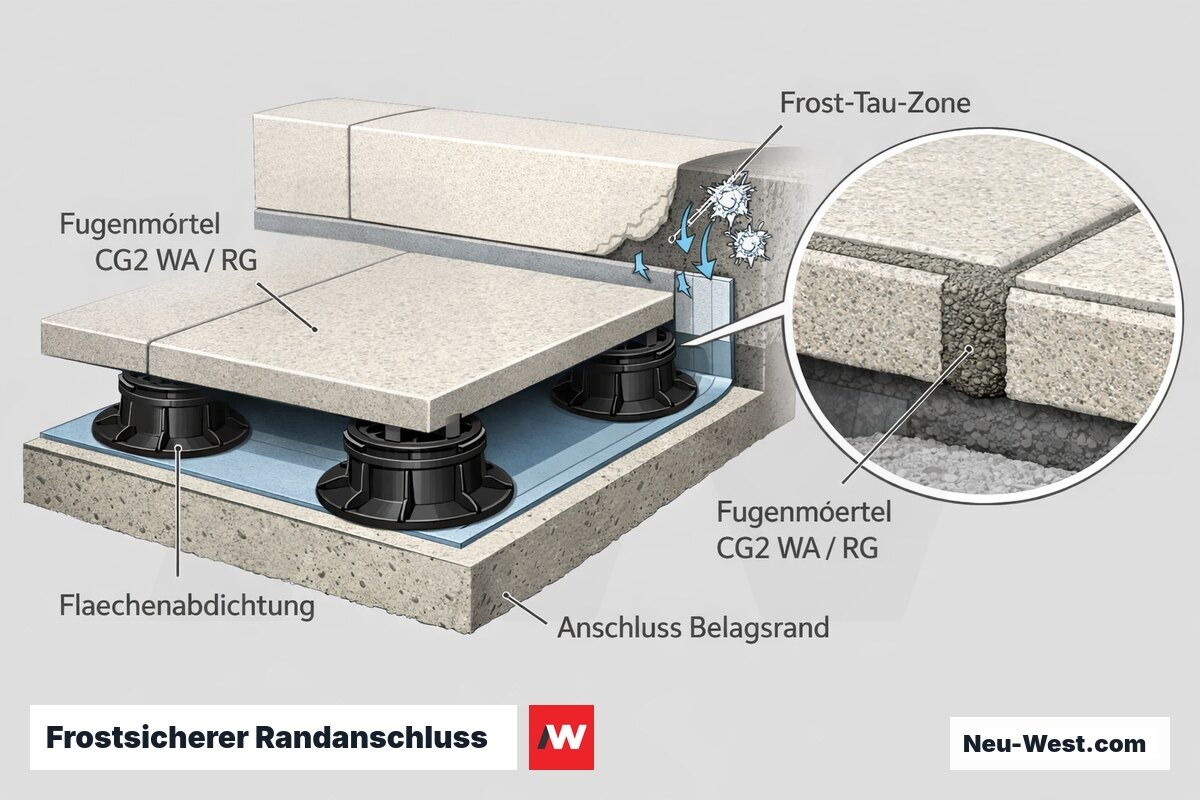 Querschnitt einer Großformat-Terrasse mit frostbeständigem Fugenmörtel und Abdichtungsanschluss am Belagsrand in der Frost-Tau-Zone.