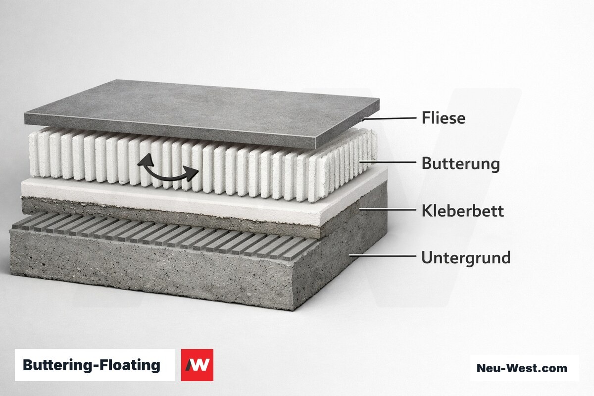 Buttering-Floating: Beidseitiger Kleberauftrag mit gekreuzter Verzahnungsrichtung – Erklär-Grafik (NEUWEST Berlin)