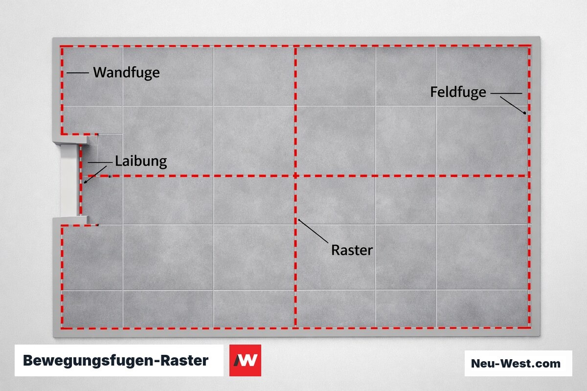 Bewegungsfugen-Raster: Fugenplan nach Feldgröße, Wandanschluss und Laibung – Erklär-Grafik (NEUWEST Berlin)