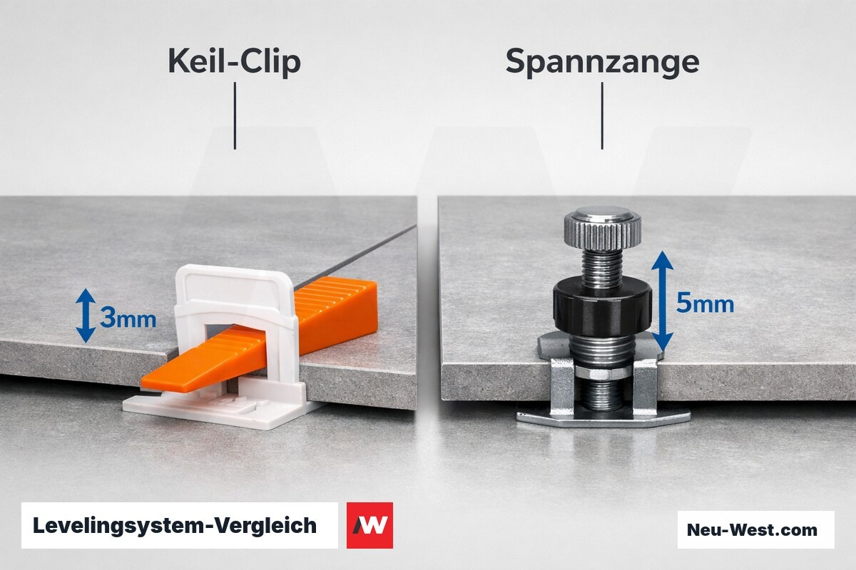 Levelingsystem-Vergleich: Keil-Clip-System vs. Spannzangen-System – Korrekturbereich und Funktion – Erklär-Grafik (NEUWEST Berlin)