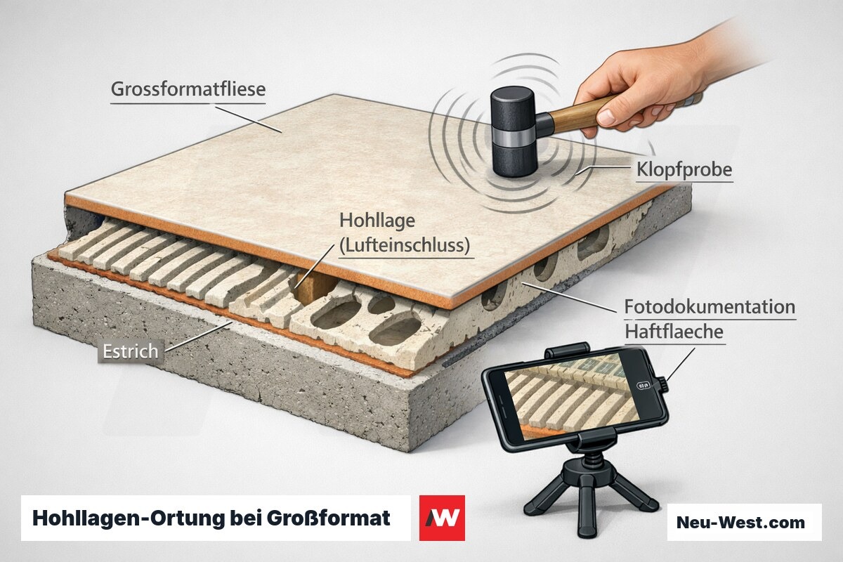 Querschnitt einer Großformatfliese mit Hohllagen im Kleberbett, Klopfprobe mit Schallwellen und Fotodokumentation der Haftfläche beim Verlegen.