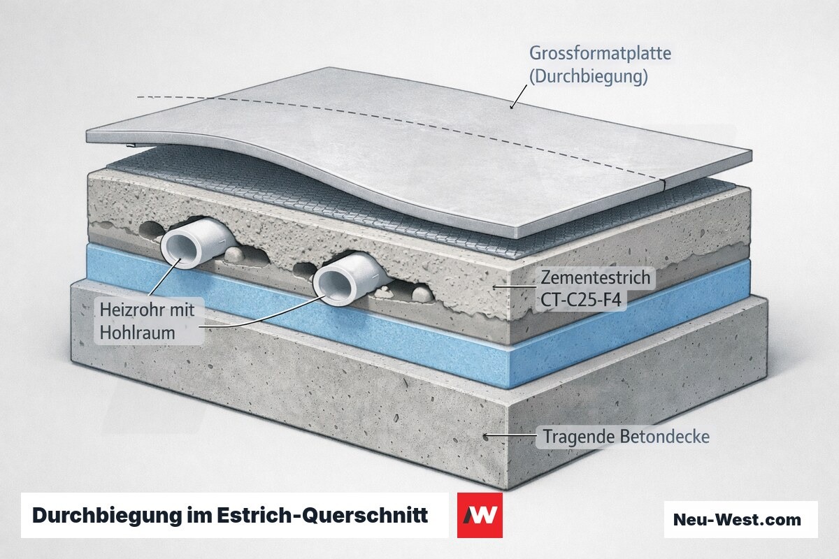 Querschnitt-Diagramm: Großformatplatte biegt sich über Zementestrich mit Hohlräumen unter den Heizrohren durch, Betondecke als Untergrund.