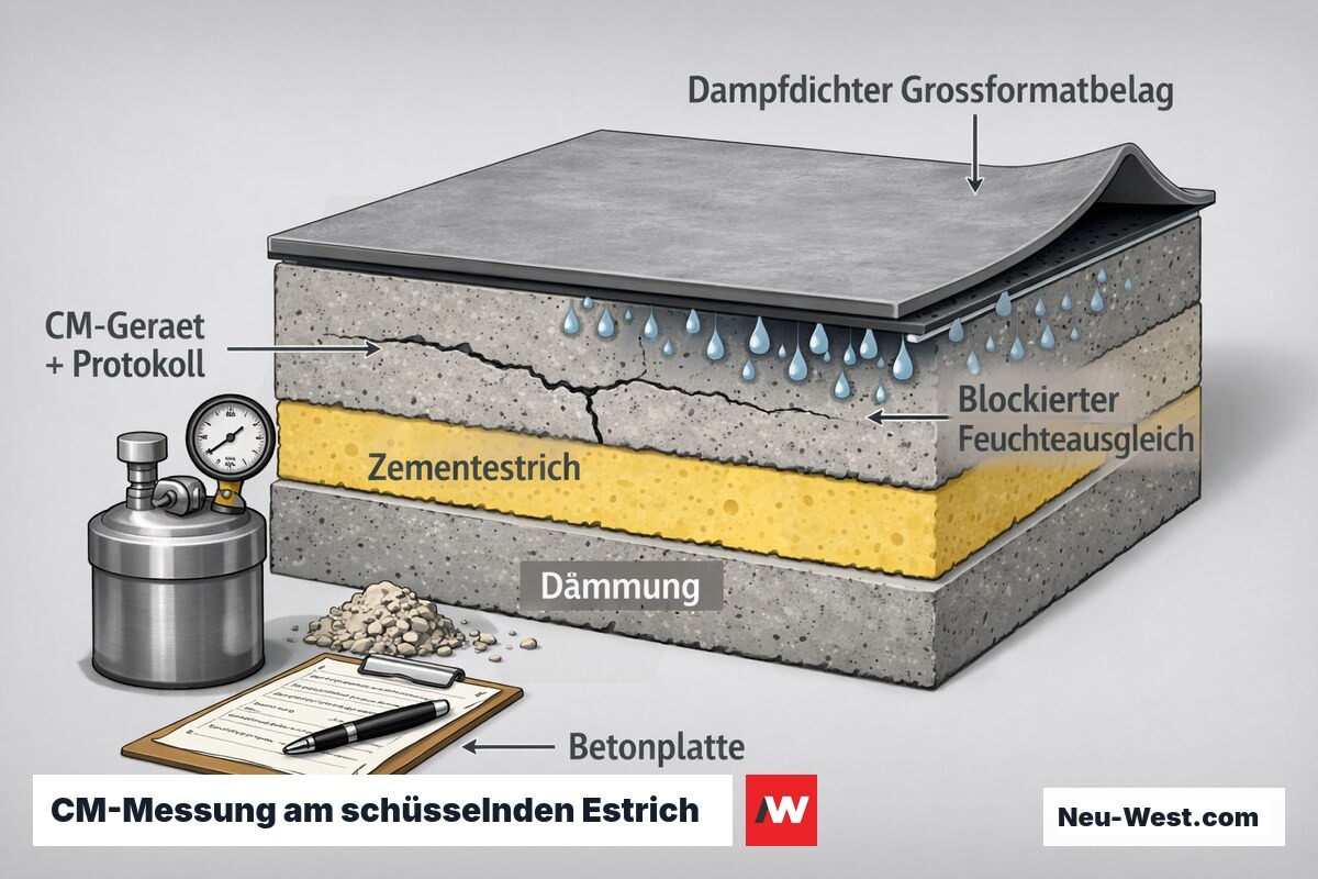 Querschnitt: zu feuchter Zementestrich schüsselt und reißt unter dampfdichtem Großformatbelag, daneben CM-Messgerät mit Protokoll.