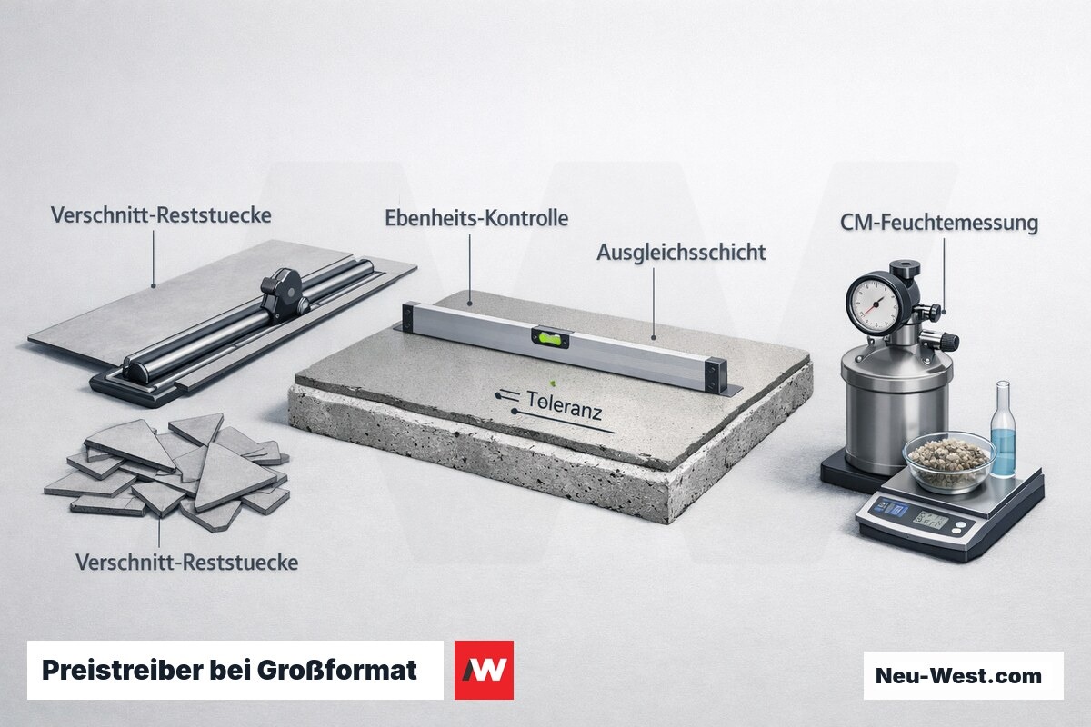 Erklär-Grafik: Verschnitt-Reststücke, Ebenheitskontrolle mit Richtlatte, Ausgleichsschicht und CM-Feuchtemessung als Kostenfaktoren bei Großformatfliesen.