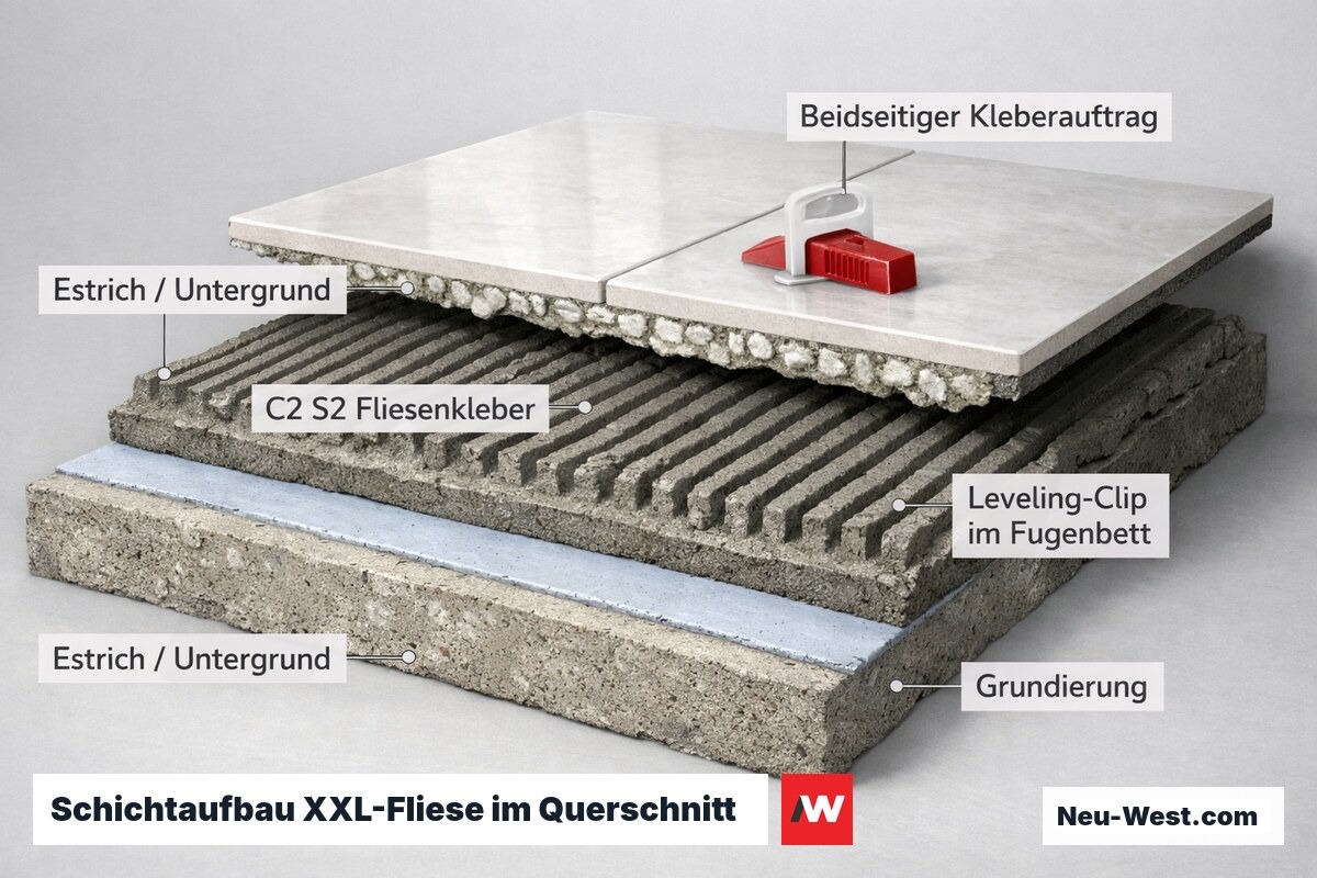 Querschnitt-Illustration zeigt Estrich, Klebermortel mit Zahnspachtel, beidseitigen Kleberauftrag und Großformatfliese mit Leveler-Clip.