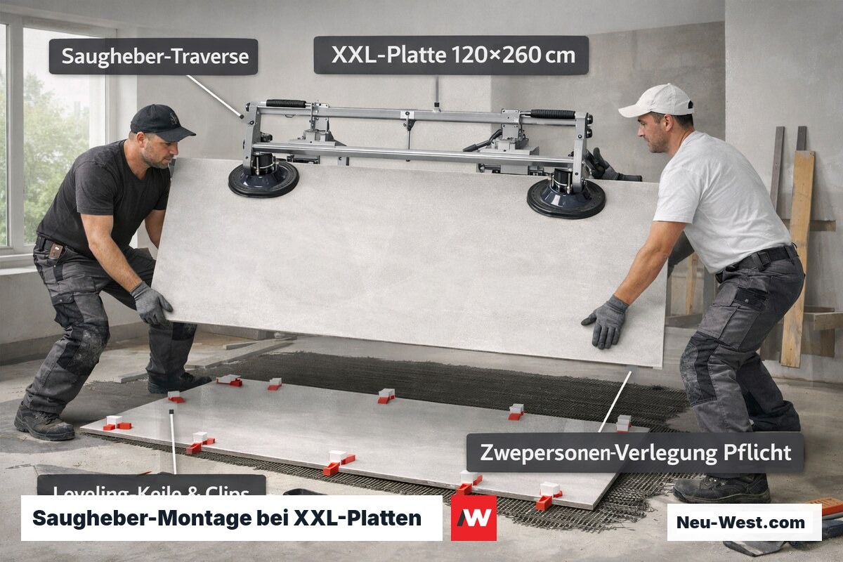Zwei Fliesenleger transportieren eine 120×260 cm Großformatplatte mit Saughebern und setzen sie auf das vorbereitete Kleiberbett.