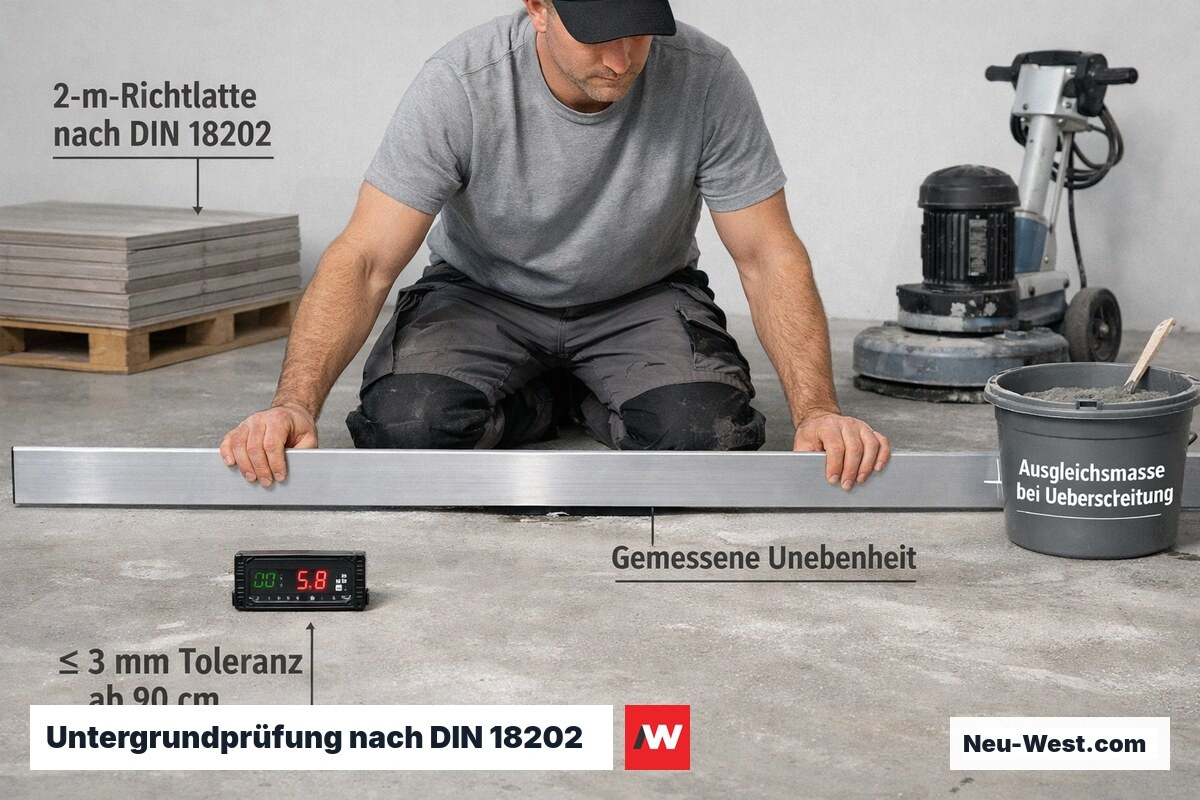 Fachmann prüft Estrich-Ebenheit mit 2-Meter-Richtlatte; sichtbare Abweichung wird vor Großformatverlegung dokumentiert und ausgeglichen.