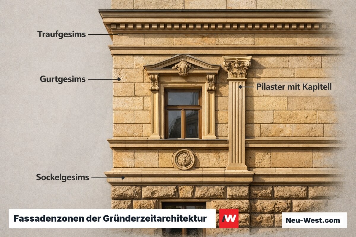 Querschnitt einer Berliner Gründerzeitfassade mit Gesimsen, Pilastern und Ornamentik von Sockel bis Traufe