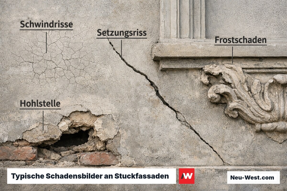 Makroaufnahme historischen Stucks mit Rissen, Hohlstellen und Frostschäden an einer Berliner Gründerzeitfassade