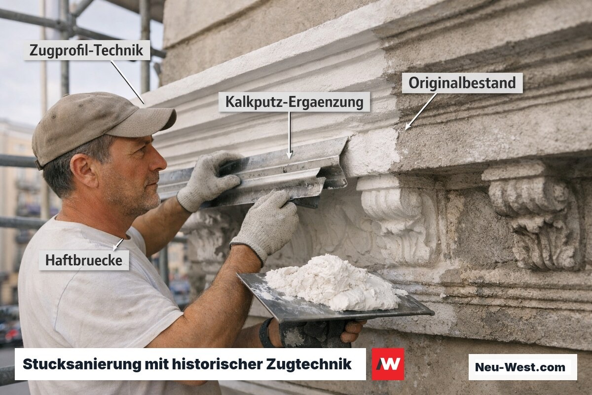 Restaurator ergänzt Stuckgesims mit Zugprofil und Kalkputz an einer denkmalgeschützten Berliner Gründerzeitfassade