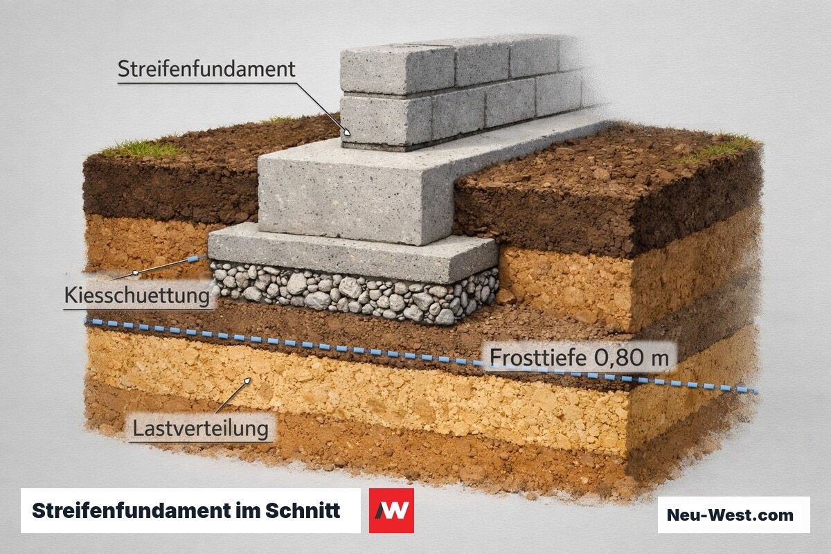Querschnitt eines Streifenfundaments unter einer Wand mit Frosttiefe und Lastverteilung im Boden, Berlin 2026