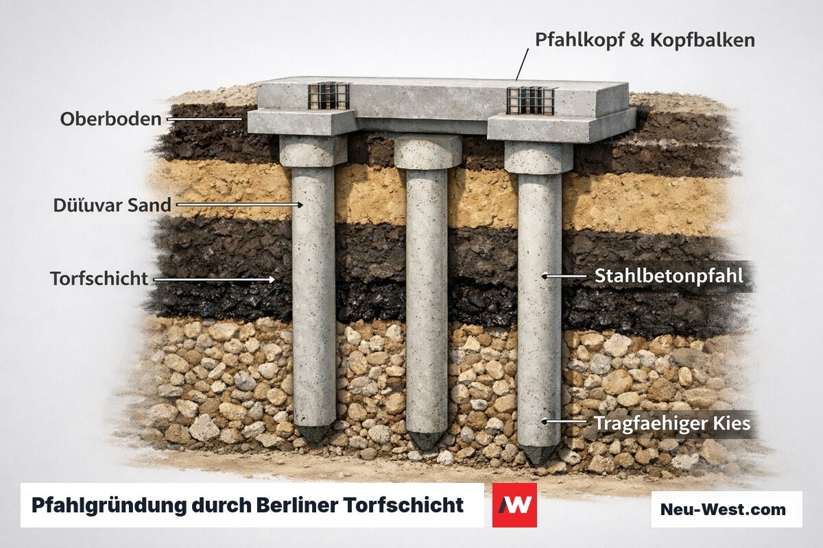 Geologischer Schnitt Berliner Baugrund mit Torfschicht und Stahlbetonpfählen bis in den tragfähigen Kies