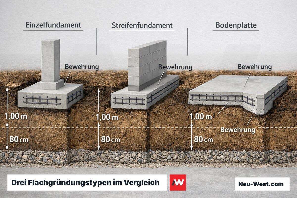 Technischer Vergleich Einzelfundament, Streifenfundament und Bodenplatte als Querschnitt mit Bewehrung und Maßpfeilen