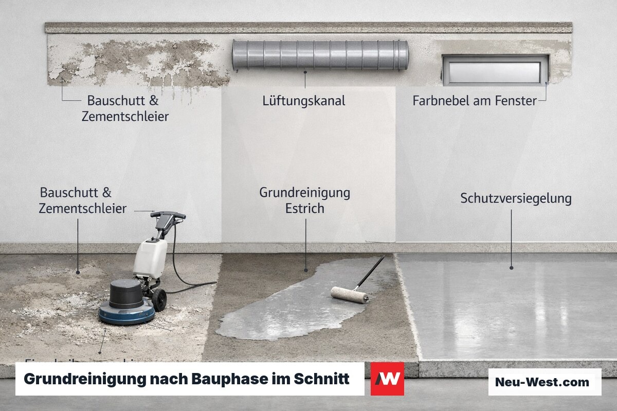 Querschnitt-Illustration einer Bauendreinigung: Betonboden mit Bauschleier, Einscheibenmaschine, gereinigter Estrich und Schutzversiegelung.