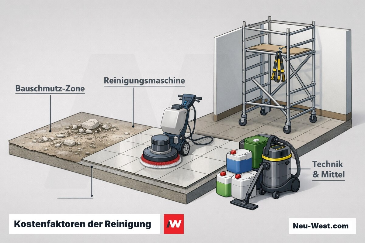 Querschnitt-Illustration mit vier Kostenfaktoren der Grund- und Sonderreinigung: Verschmutzungsgrad, Maschinentechnik, Zugaenglichkeit und eingesetzte Reinigungsmittel.