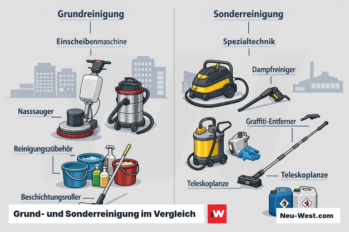 Vergleichsdiagramm: links Grundreinigung mit Einscheibenmaschine und Nasssauger, rechts Sonderreinigung mit Dampf-, Fassaden- und Graffititechnik.
