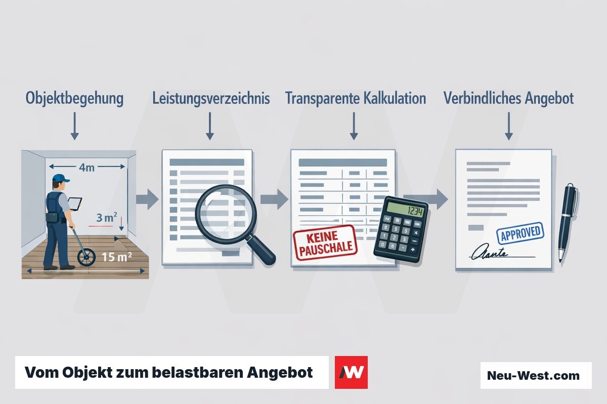 Prozess-Sequenz in vier Schritten: Objektbegehung, Leistungsverzeichnis, transparente Kalkulation und verbindliches Angebot der Gebaeudereinigung.