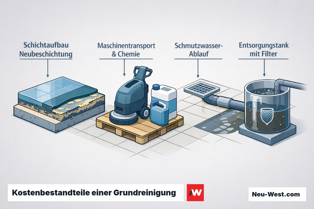 Technische Schnitt-Illustration der Kostenbestandteile einer Grundreinigung: Schichtaufbau, Maschinentransport, Chemie und Schmutzwasser-Entsorgung.