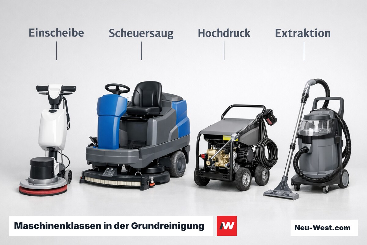 Maschinenklassen in der Grundreinigung: Typen und Flächenleistung – Erklär-Grafik (NEUWEST Berlin)