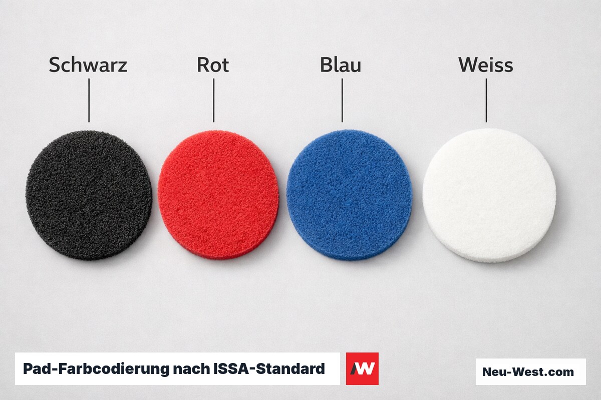Pad-Farbcodierung nach ISSA-Standard: Aggressivitätsstufe und Untergrundeignung – Erklär-Grafik (NEUWEST Berlin)
