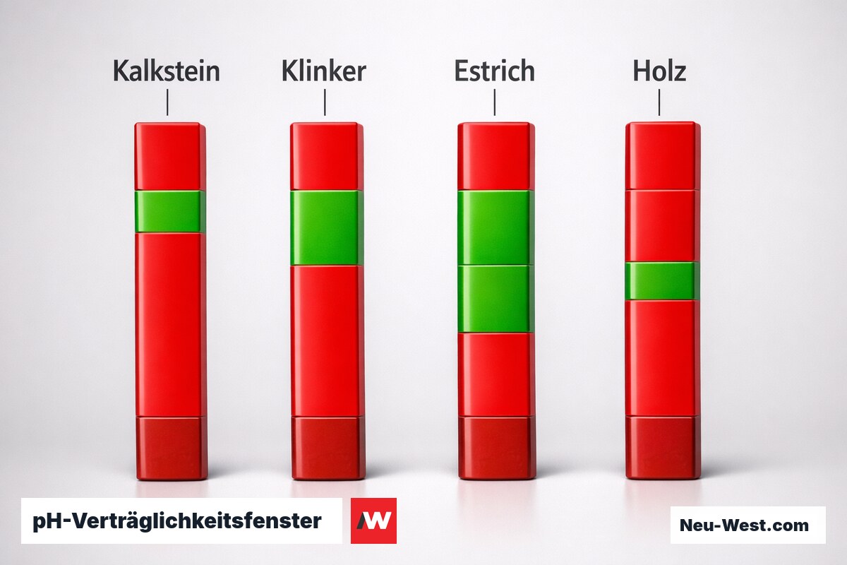 pH-Verträglichkeitsfenster nach Untergrundmaterial – Erklär-Grafik (NEUWEST Berlin)