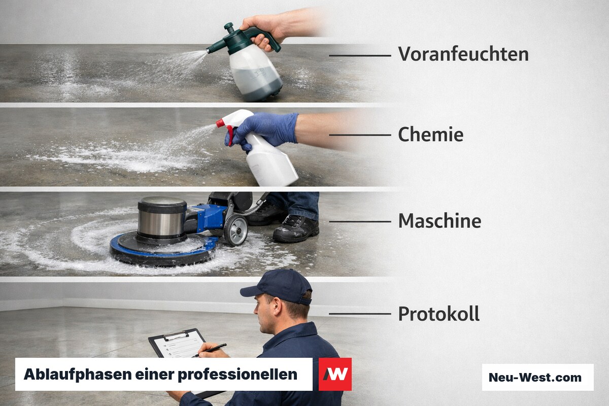 Ablaufphasen einer professionellen Grundreinigung – Erklär-Grafik (NEUWEST Berlin)