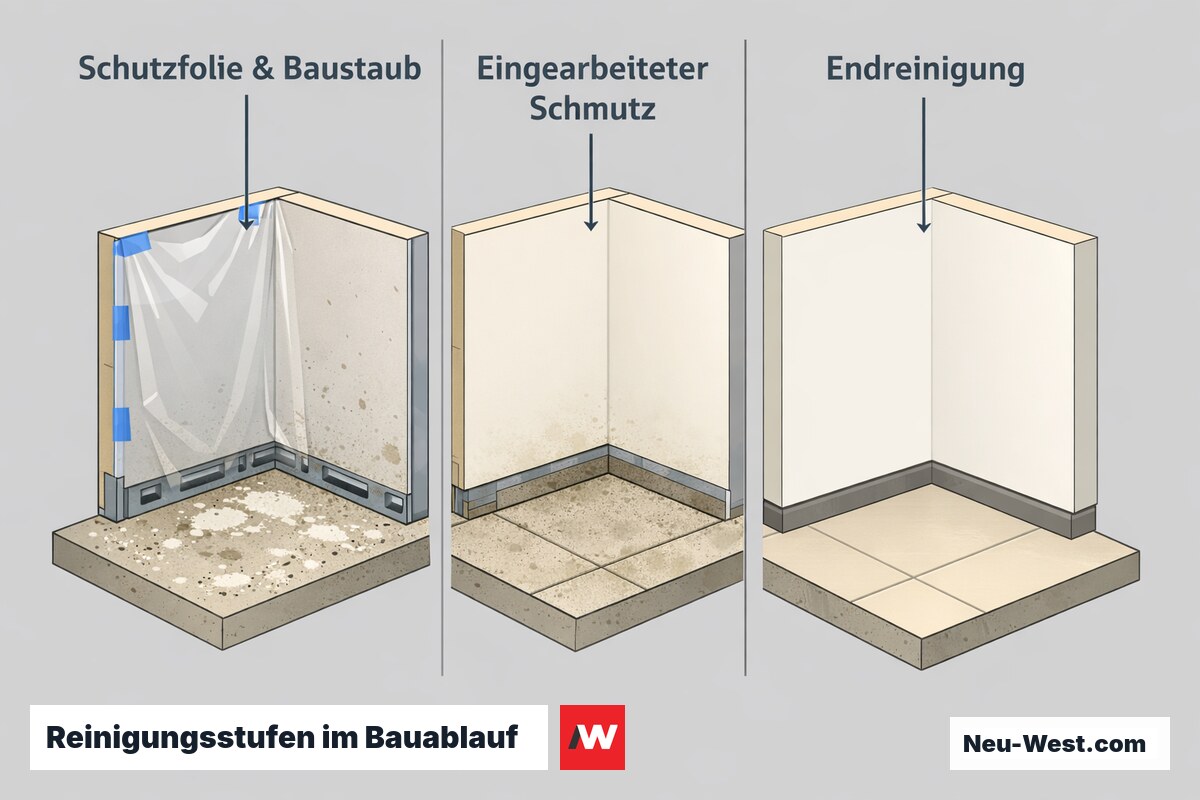 Vergleichsgrafik einer Wand in drei Reinigungszuständen: Bauzwischenreinigung mit Baustaub und Folie, Grobreinigung, fertige Unterhaltsreinigung.