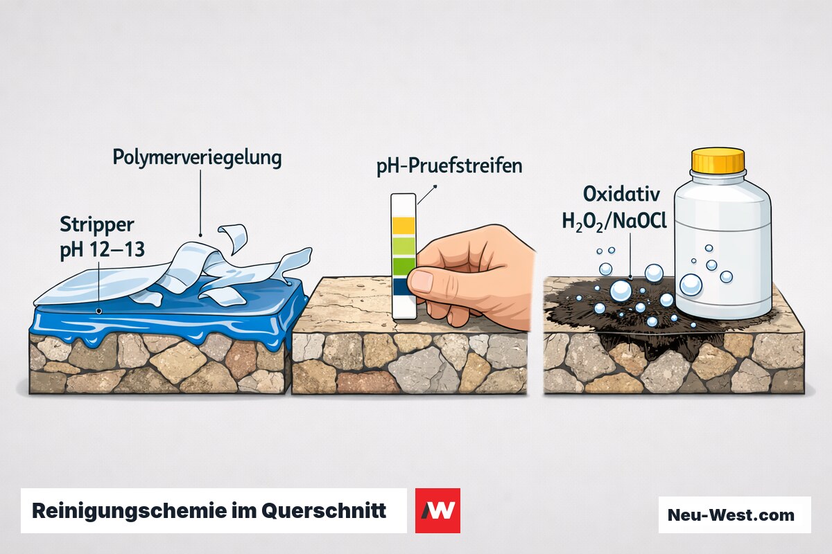 Querschnitt: alkalischer Stripper löst Polymerversiegelung, pH-Prüfstreifen und oxidatives System mit H₂O₂/NaOCl gegen organische Verschmutzung.