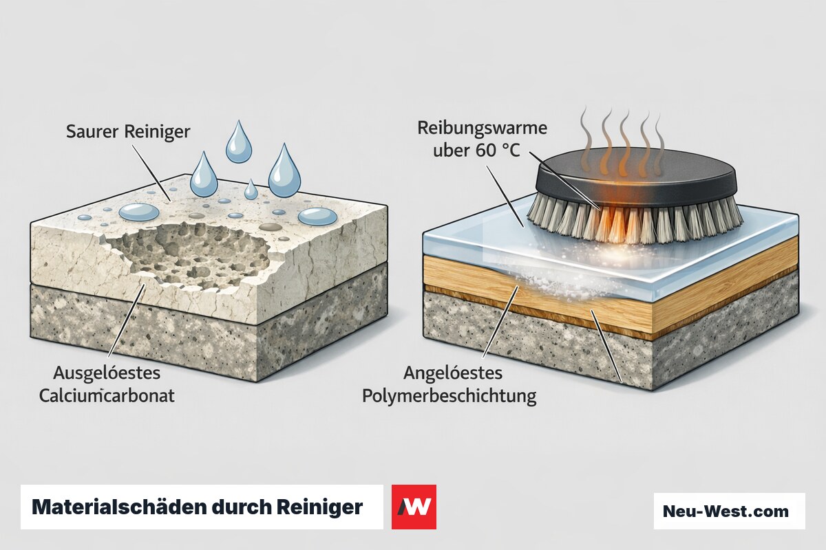 Querschnitt-Vergleich: saurer Reiniger löst Marmoroberfläche an, trockene Scheuerbürste trübt Kunststoffbeschichtung durch Reibungswärme.