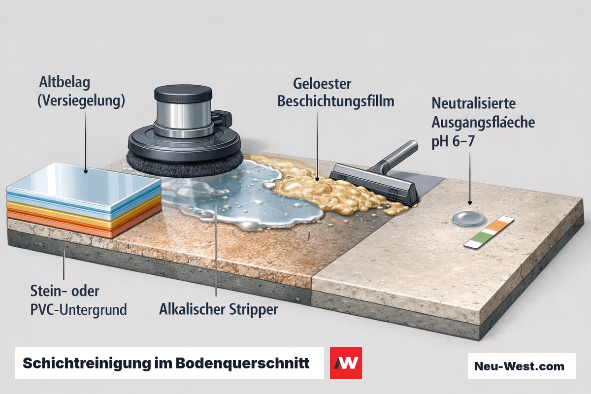 Querschnitt eines versiegelten Bodens: Stripper löst den gesamten Altbelag ab, freigelegte Fläche wird auf pH 6–7 neutralisiert.
