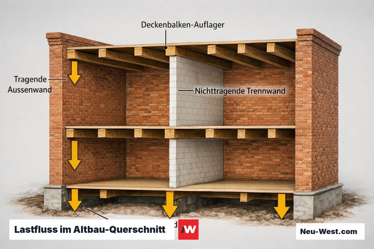 Querschnitt Gründerzeithaus: Lastfluss von Deckenbalken über tragende MauerwerksWände bis zur Gründung, nichttragende Wand ohne Lastaufnahme