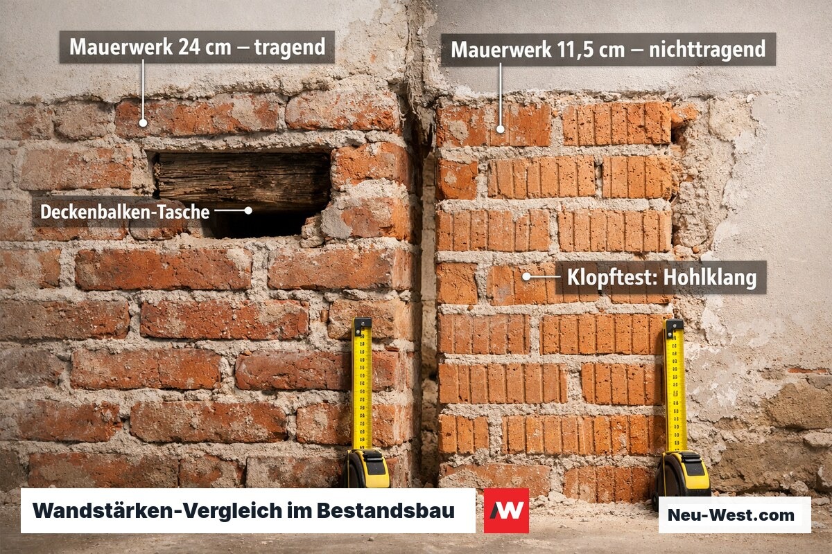 Vergleich tragende Wand 24 cm Vollziegel mit Balkenauflager versus nichttragende Wand 11,5 cm Hohlziegel, Maßband zum Größenvergleich