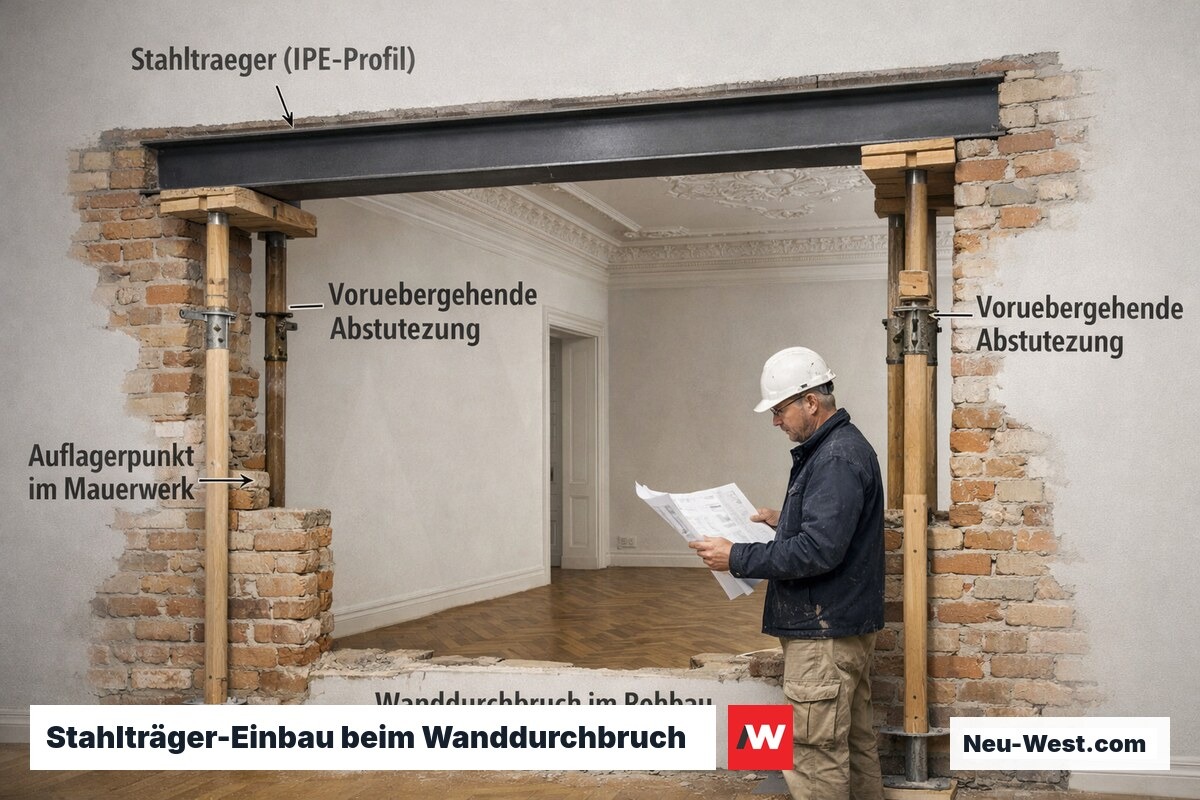 Wanddurchbruch in tragender Ziegelwand mit eingebautem Stahl-I-Träger, temporäre Holzabstützung sichtbar, Statiker prüft Ausführung