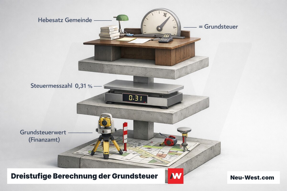 Querschnitt eines Wohngebäudes zeigt die drei Berechnungsstufen der Grundsteuer: Grundsteuerwert, Steuermesszahl und Hebesatz.