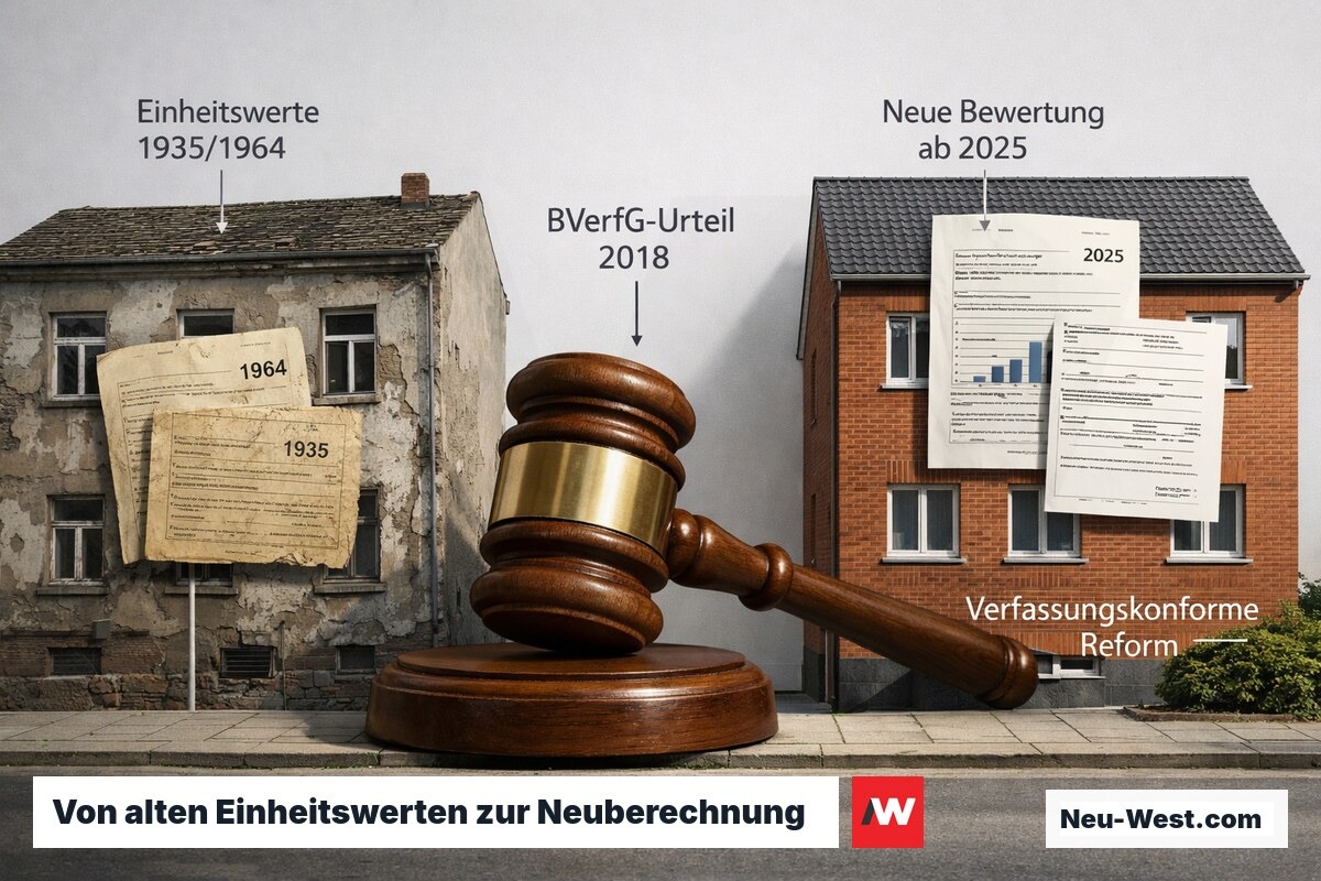 Zwei Häuser symbolisieren den Übergang von verfassungswidrigen Einheitswerten 1964 zur neuen Grundsteuerbewertung ab 2025.
