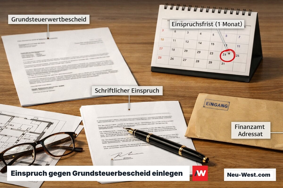 Schreibtisch mit Steuerbescheid, Kalender mit Fristmarkierung und Einspruchsdokument zeigt den Ablauf eines Widerspruchsverfahrens.