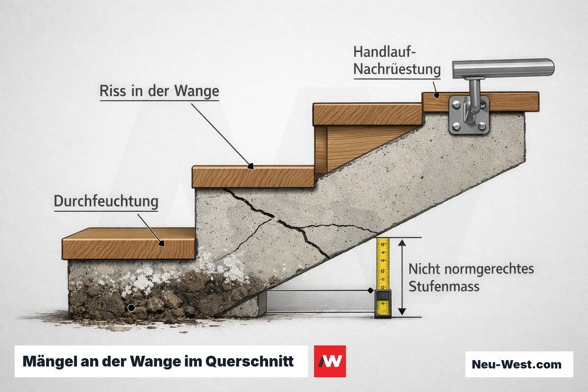 Querschnitt einer Treppenwange mit Riss, Durchfeuchtung, nicht normgerechtem Stufenmaß und nachgerüstetem Handlauf als Befundgrundlage
