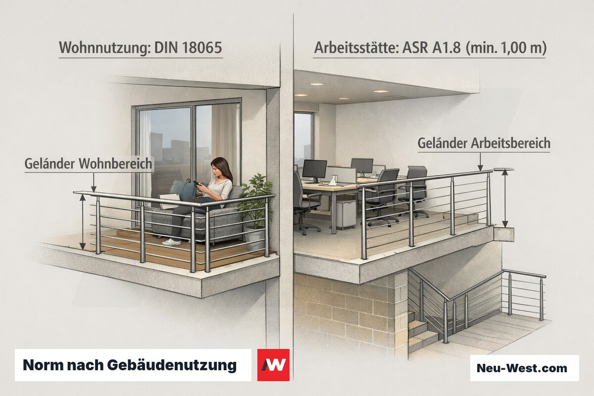 Gebäudequerschnitt zeigt Wohnbereich mit DIN 18065 und Arbeitsstätte mit ASR A1.8 und höherem Geländer nebeneinander.