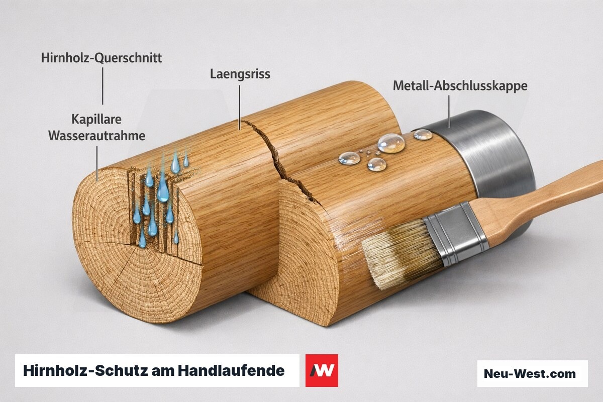 Cutaway eines Holzhandlauf-Endes: poröses Hirnholz saugt Wasser, Längsriss, sowie Schutz durch Versiegler und Metallkappe.