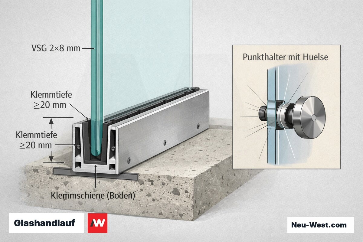 Querschnitt eines Glashandlaufs: VSG-Scheibe in Bodenklemmschiene mit Klemm- und Einspanntiefe, daneben Punkthalter-Detail mit Bohrung und Kunststoffhülse.