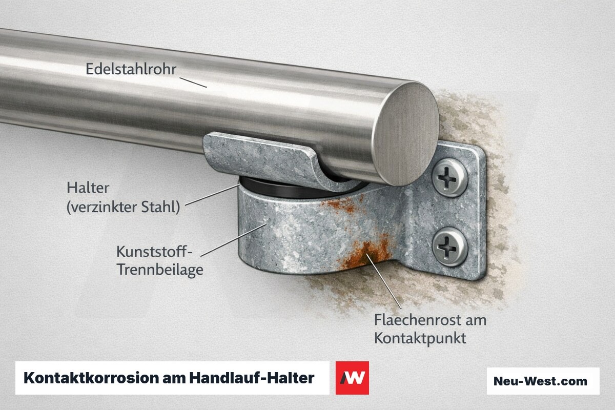 Bauteil-Detail: Kontaktstelle zwischen Edelstahl-Handlauf und verzinktem Halter mit Kunststoff-Trennbeilage zur Vermeidung von Kontaktkorrosion und Flächenrost.