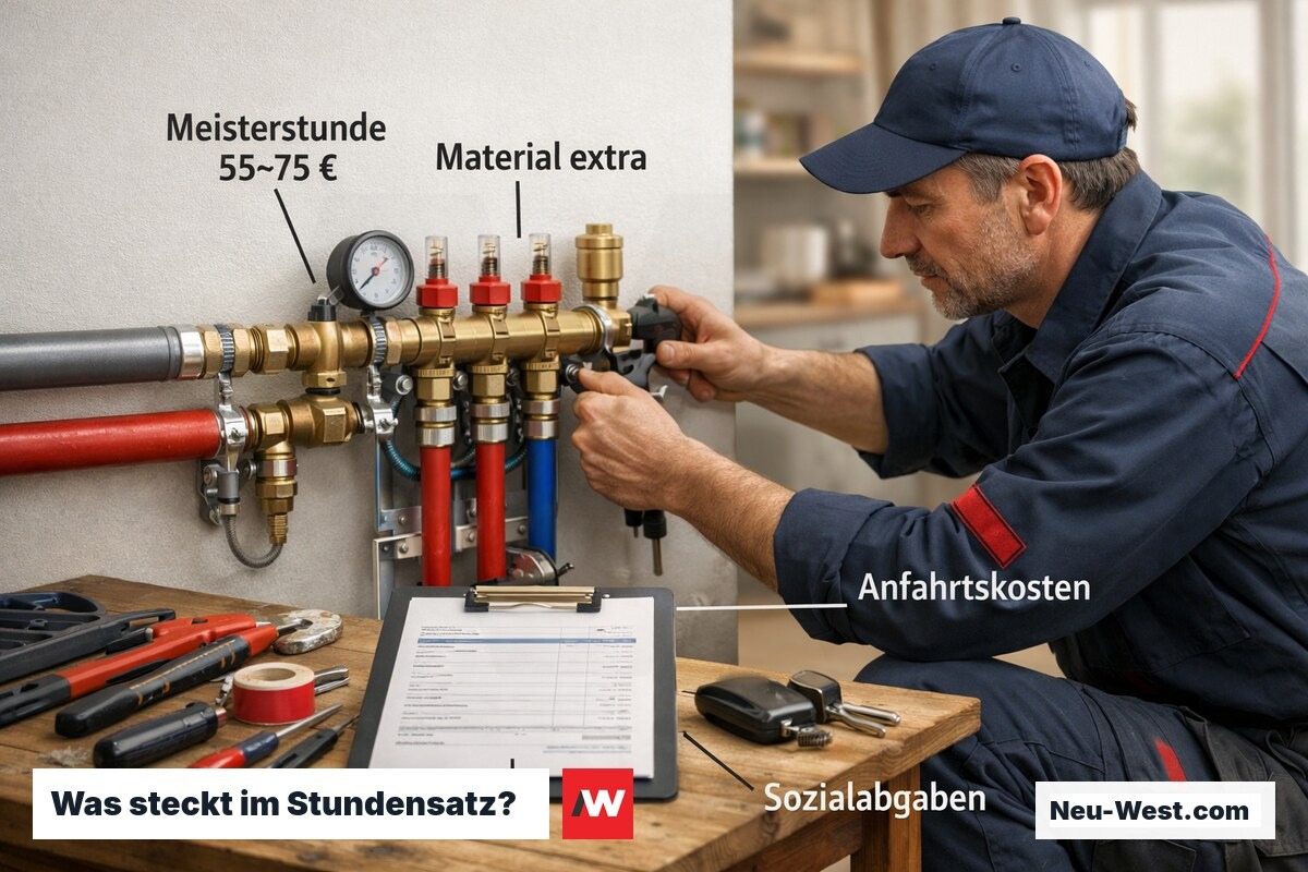 SHK-Handwerker installiert Heizungsanlage – Aufschlüsselung der Stundensatz-Bestandteile für Bauherren