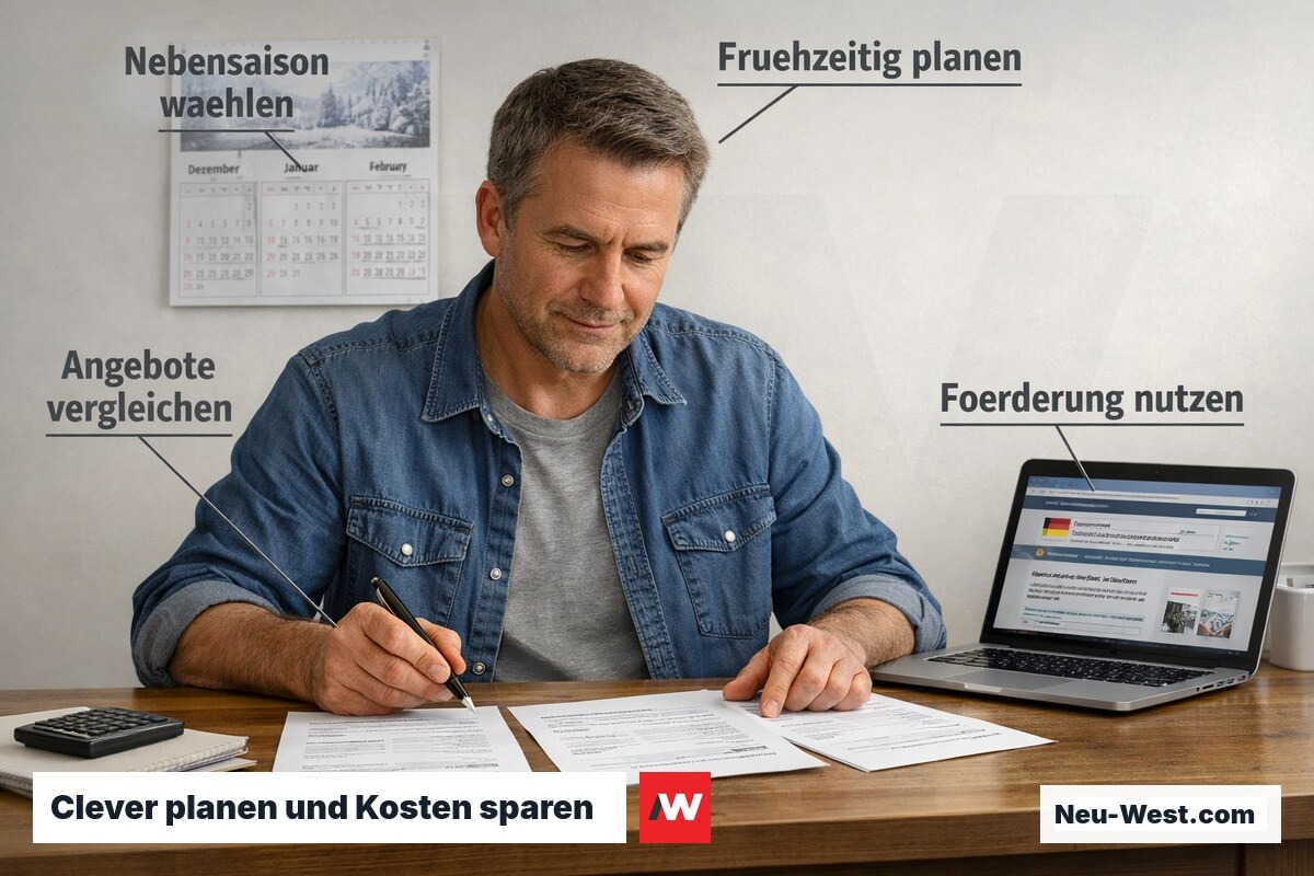 Bauherr vergleicht drei Handwerkerangebote am Küchentisch – Spartipps durch Angebotsvergleich und Saisonplanung