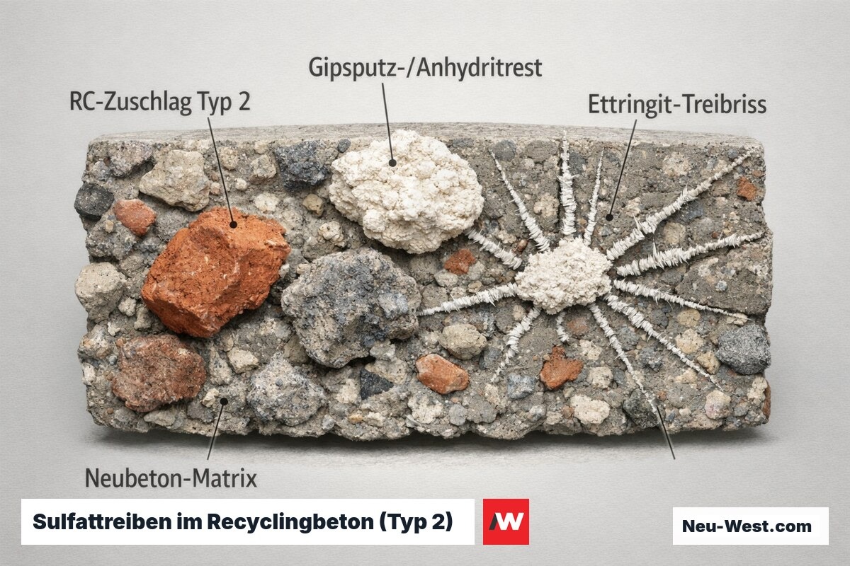 Querschnitt durch Recyclingbeton Typ 2: heterogene RC-Zuschläge, eingeschlossener Gips-/Anhydritrest und davon ausgehende Ettringit-Treibrisse in der Neubeton-Matrix.