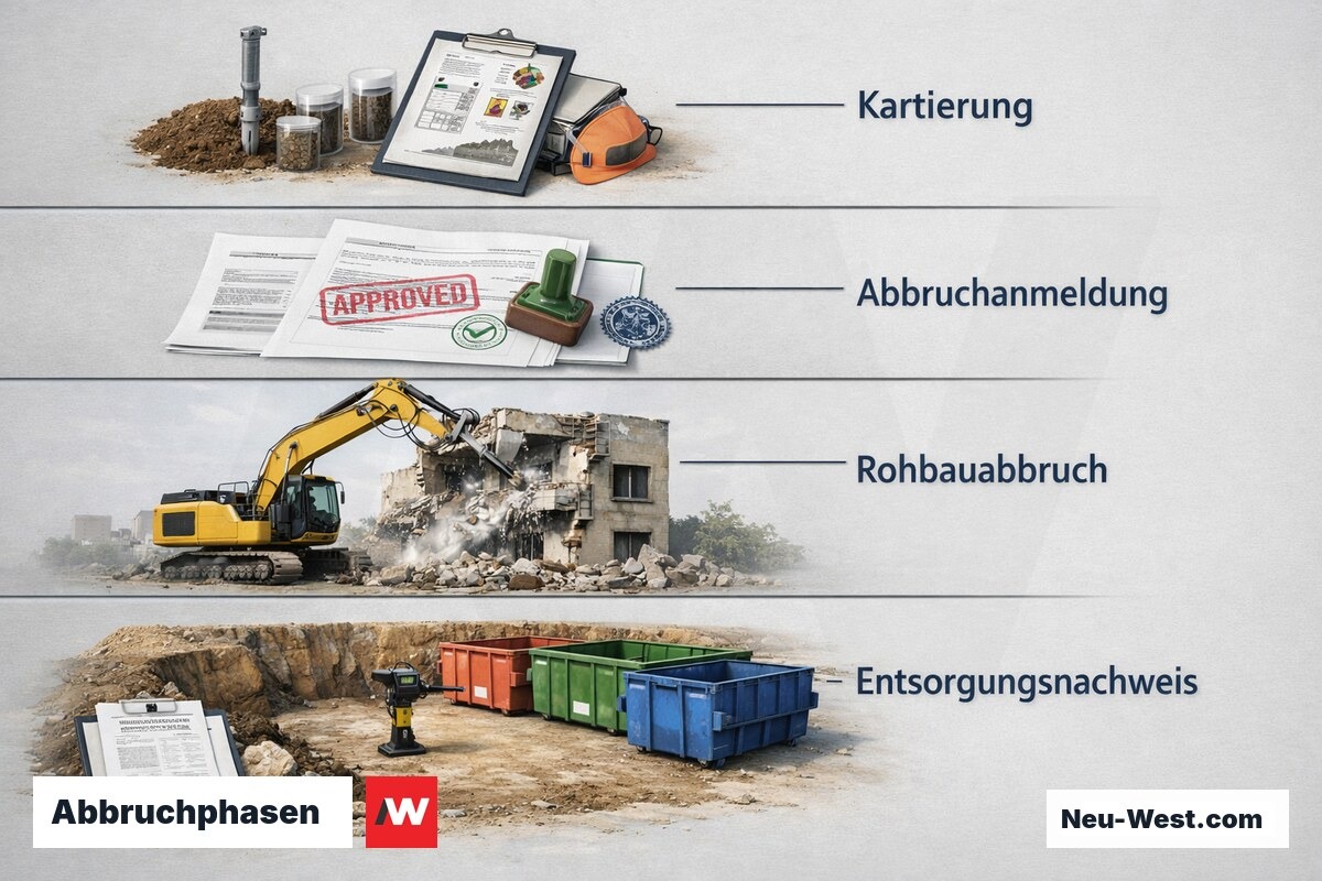 Abbruchphasen: Von Kartierung bis Entsorgungsnachweis – Erklär-Grafik (NEUWEST Berlin)