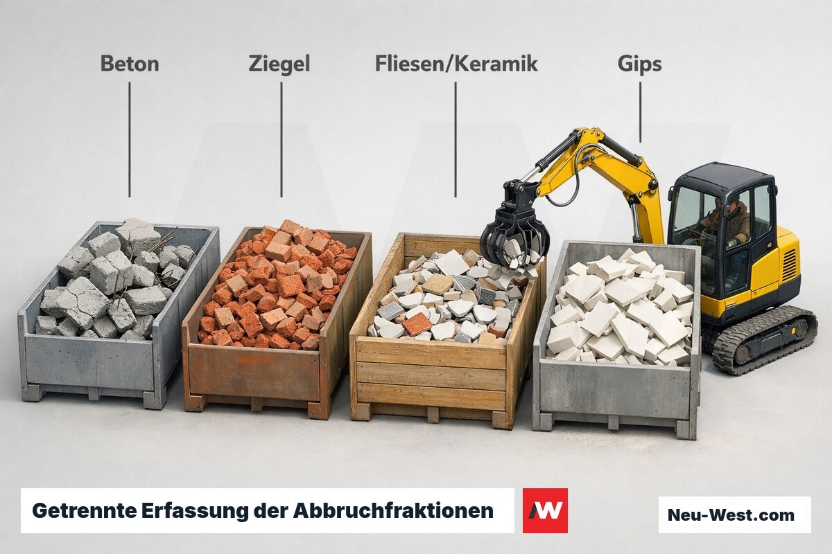 Erklär-Grafik: vier getrennte Container für Beton, Ziegel, Fliesen/Keramik und Gips beim selektiven Rückbau nach GewAbfV.